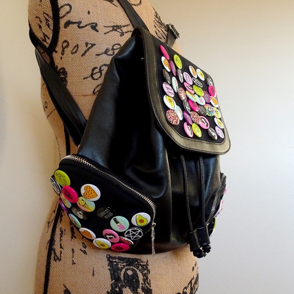 Current Mood Black Vegan Leather Punk Emoji Pin Goth Backpack:) - Picture 3 of 8